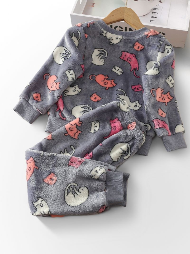 Kids Cute Kitty Langermet Fleece Pyjamas Set
