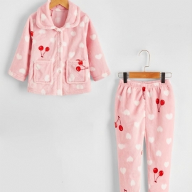 Kids Jenter Heart Kirsebær Flanell Pyjamassett Rosa