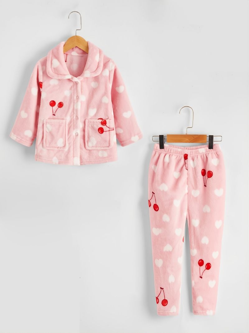 Kids Jenter Heart Kirsebær Flanell Pyjamassett Rosa