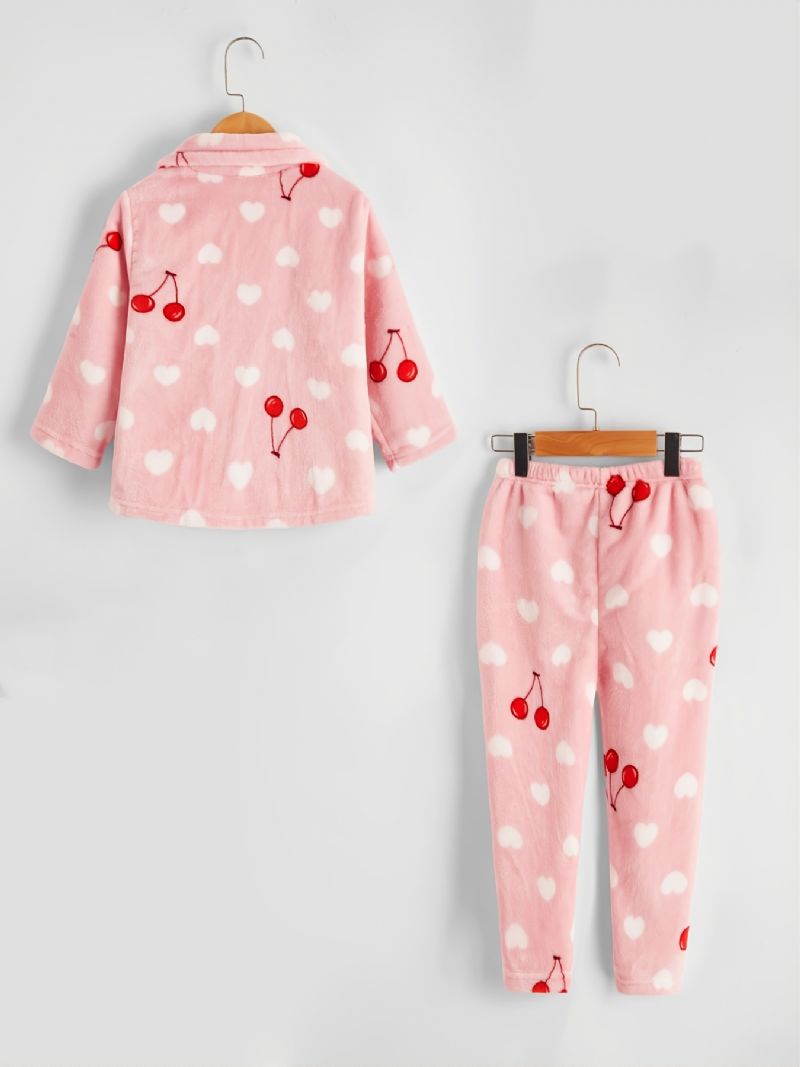 Kids Jenter Heart Kirsebær Flanell Pyjamassett Rosa