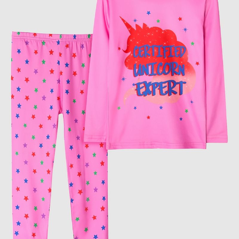 Kids Jenter Pyjamas Pink Unicorn Print Rundhals Langermet Buksesett