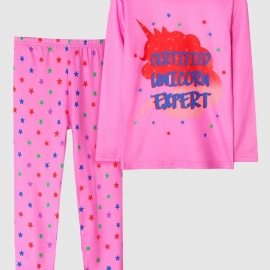 Kids Jenter Pyjamas Pink Unicorn Print Rundhals Langermet Buksesett