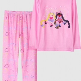 Kids Jenter Pyjamas Print Rundhals Langermet & Heart Buksesett