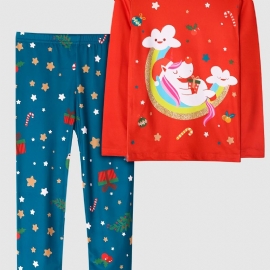 Kids Jenter Pyjamas Unicorn Moon Print Rundhals Langermet Topp Og Buksesett