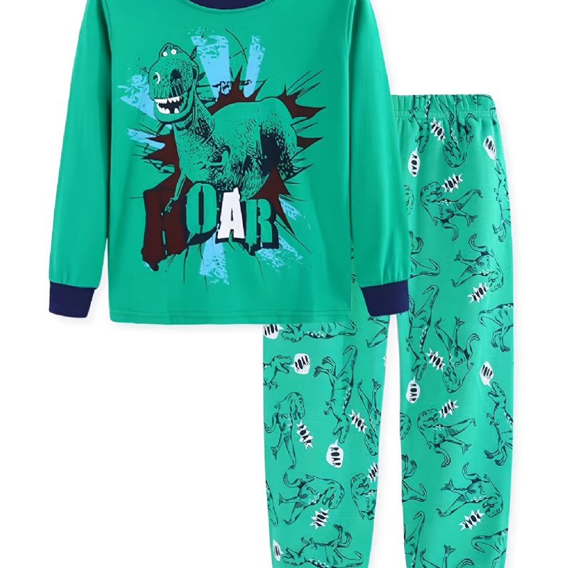 Langermet Pyjamassett For Gutter Med Dinosaurtrykk For Vinteren