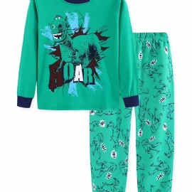 Langermet Pyjamassett For Gutter Med Dinosaurtrykk For Vinteren