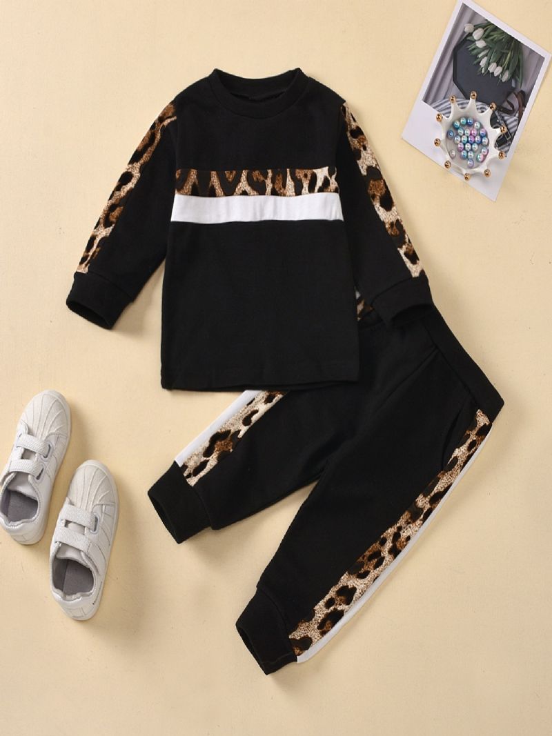 Leopardtrykt Stripete Genser For Barn Joggerbukser Pyjamassett