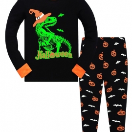 Popshion 2 Stk Gutter Halloween Fluorescerende Tegneserie Dinosaur Glødende Skjelettbein Langermet Pyjamas Bomullsdress