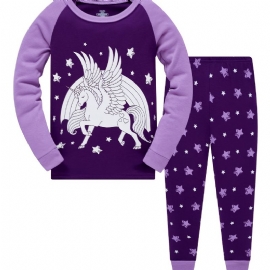 Popshion 2 Stk Jenter Fluorescerende Unicorn Glødende Tegneserie Lilla Langermet Pyjamas Bomullsdress