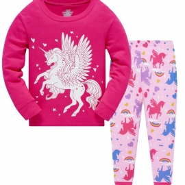 Popshion 2 Stk Jenter Fluorescerende Unicorn Glødende Tegneseriedyr Langermet Pyjamas Bomullsdrakt