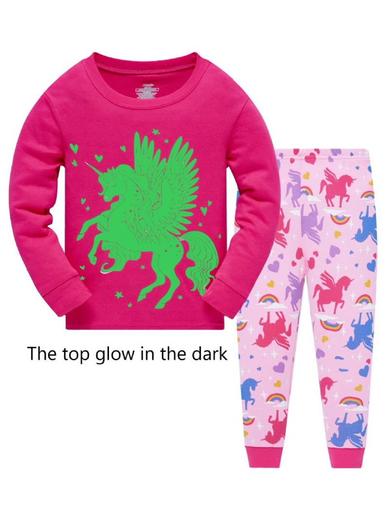 Popshion 2 Stk Jenter Fluorescerende Unicorn Glødende Tegneseriedyr Langermet Pyjamas Bomullsdrakt