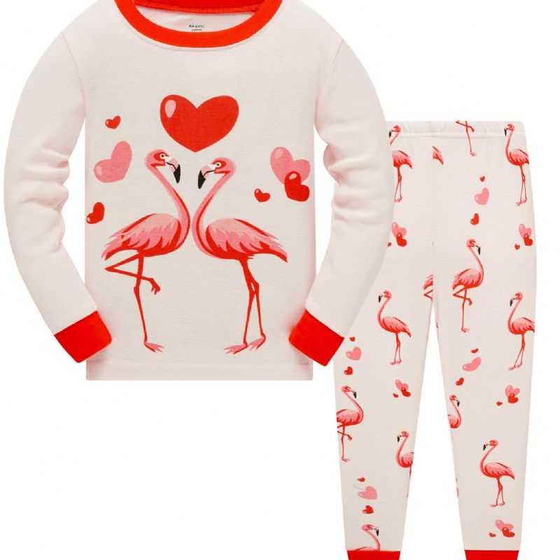 Popshion 2 Stk Jenter Søt Flamingo Tegneserie Dyre Topp & Kontrastpynt Pyjamasbuksesett