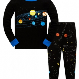 Popshion 2stk Gutter Starry Sky Cosmic Planet Langermet Pyjamas Bomullsdress