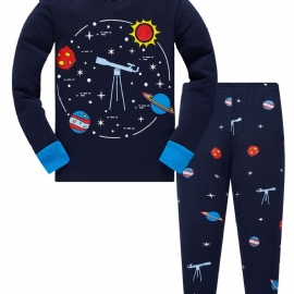 Popshion 2stk Gutter Starry Sky Cosmic Planet Langermet Pyjamas Bomullsdress