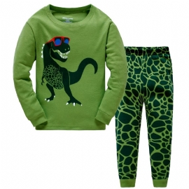 Popshion Guttens Pyjame Sett 2stk Casual Dinosaur Crewneck Army Green Loungewear