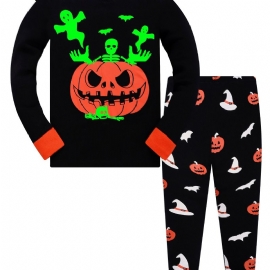 Popshion Gutter Fluorescerende Halloween Pumpkin Skull Flaggermus Langermet Pyjamasbuksesett