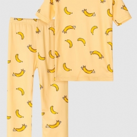 Pyjamas For Barn Banantrykk Med Rund Hals Med Korte Ermer Og Bukser For Gutter Jenter
