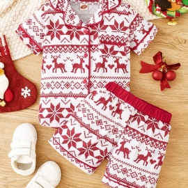 Pyjamas For Barn Christmas Elg Print Kortermet Topp & Shorts Sett For Gutter Jenter