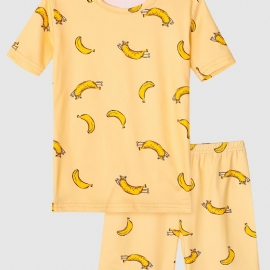 Pyjamas For Jenter Familieantrekk Banantrykk Rundhalset Kortermet T-skjorte Og Shortssett Barneklær