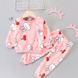 Småbarn Baby Plysj Pyjamas Familieantrekk Kanintrykk Rundhals Langermet Topp Og Buksesett For Jenter Barneklær