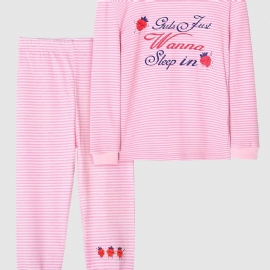 Stripete Pyjamas For Barn Jordbærtrykk Med Rund Hals Og Langermet Topp Og Buksesett For Jenter