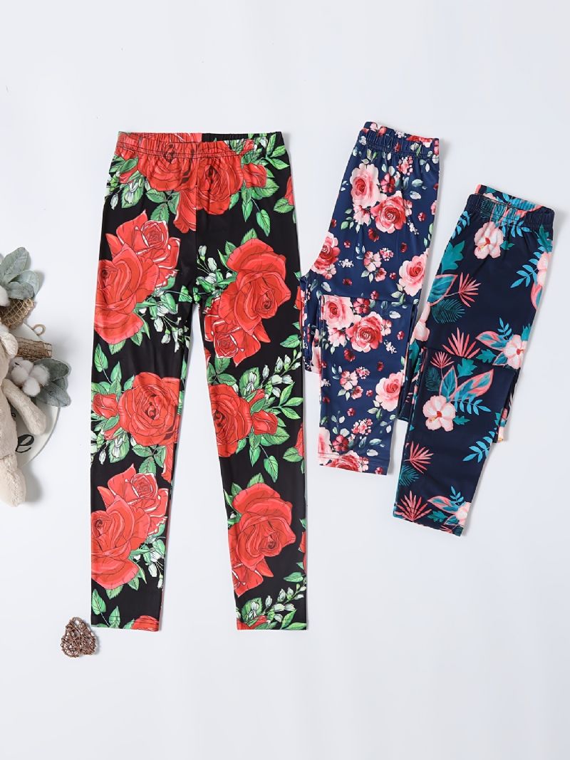 3 Stk Jenter Casual Vintage Flower Print Leggings Til Vinter