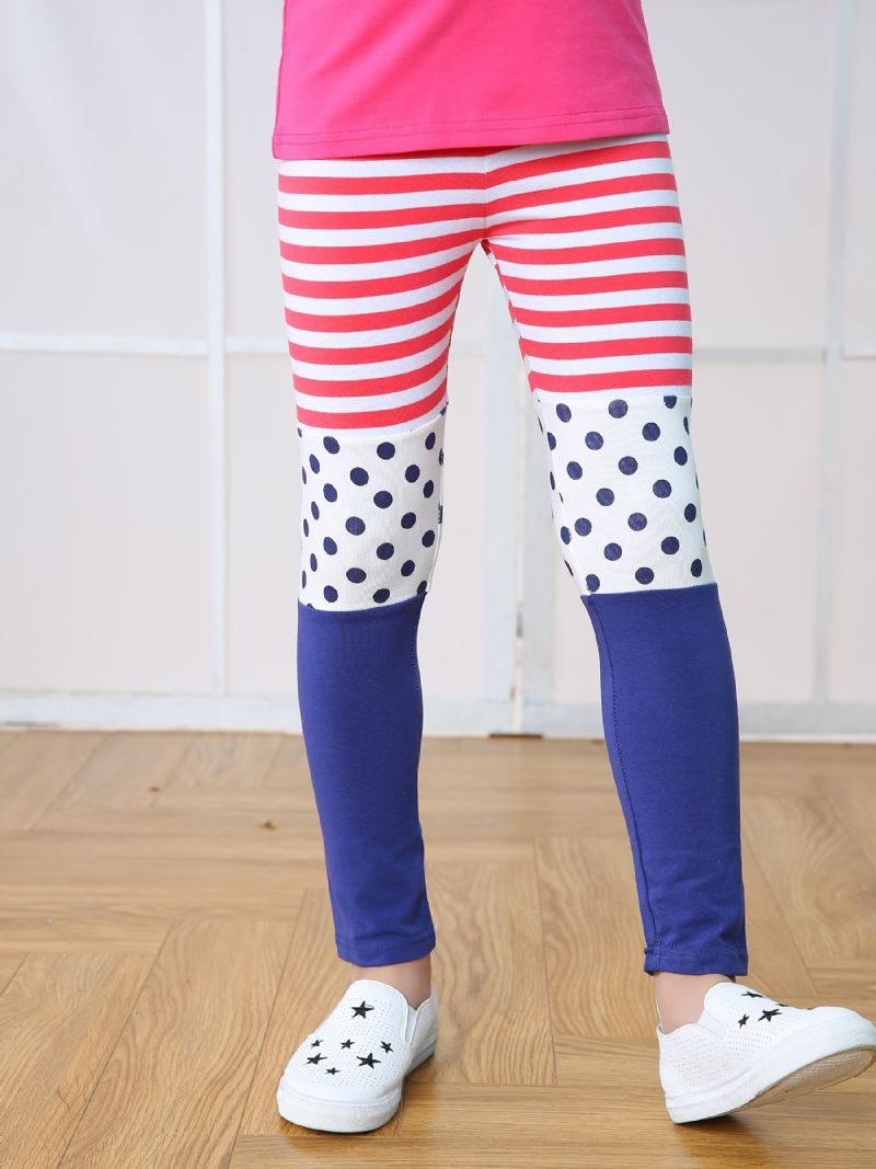 Jenter Casual Color Block Leggings Med Striper Prikkete Trykk For Høst Og Vinter