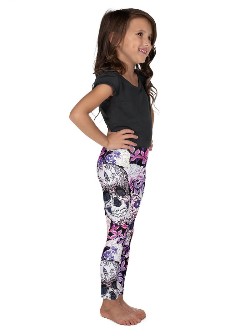 Jenter High Stretch Myke Leggings Mix Rosa Fiolett Flower Skulls Print