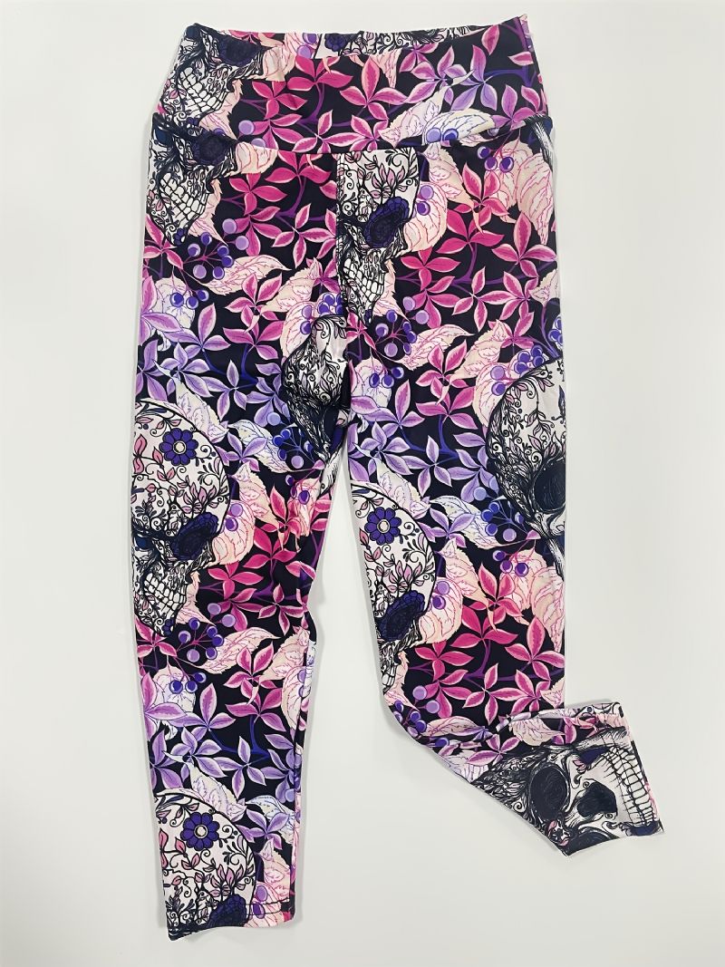 Jenter High Stretch Myke Leggings Mix Rosa Fiolett Flower Skulls Print