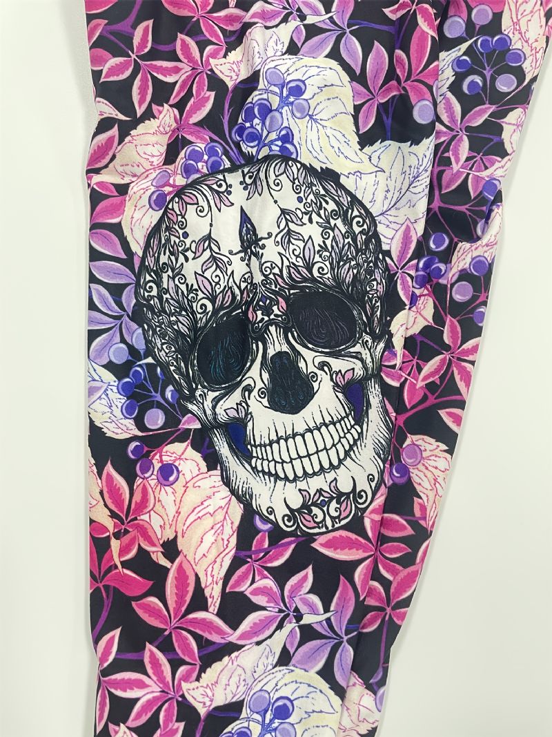 Jenter High Stretch Myke Leggings Mix Rosa Fiolett Flower Skulls Print