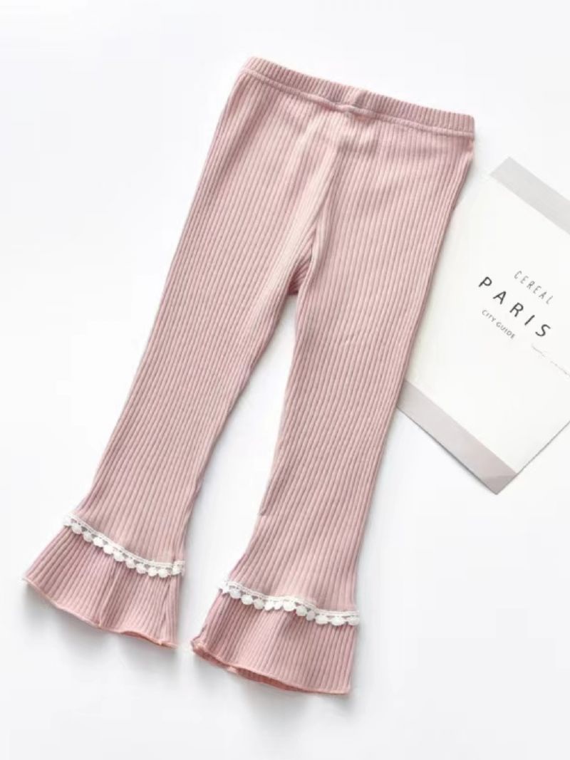 Jenter Ribbed Lace Trim Leggings Bukser Med Bowknot Søte Barneklær