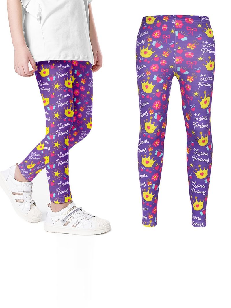 Jenter Søt Lilla Krone & Prinsesse Print Lang Elastisk Midje Leggings Bukser Klær