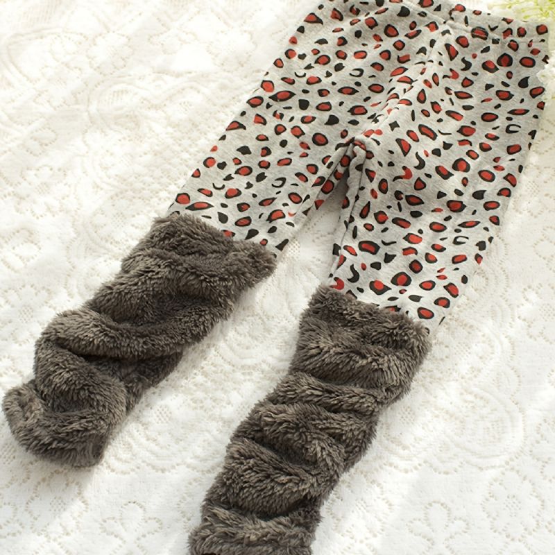 Jenter Tykk Leopard Print Fleece Leggings Bukser Barneklær Til Vinteren
