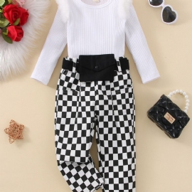 Småbarn Jenter Raw Contrast Langermet Leggings & Gingham Bukser & Midjeveske 3pack Sett