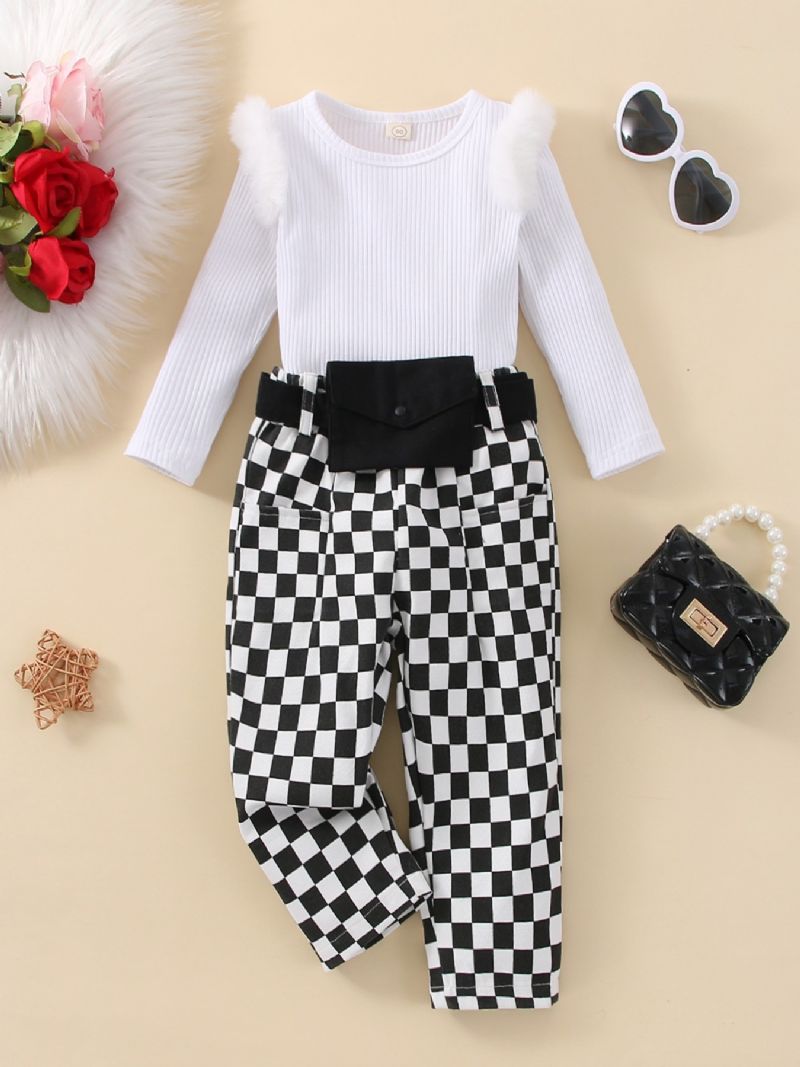 Småbarn Jenter Raw Contrast Langermet Leggings & Gingham Bukser & Midjeveske 3pack Sett