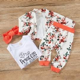 4 Stk Newborn Baby Jenter Brevtrykk Langermet Romper & Ditsy Floral Bukser & Pannebånd & Cardigan Coat Barneklær Sett