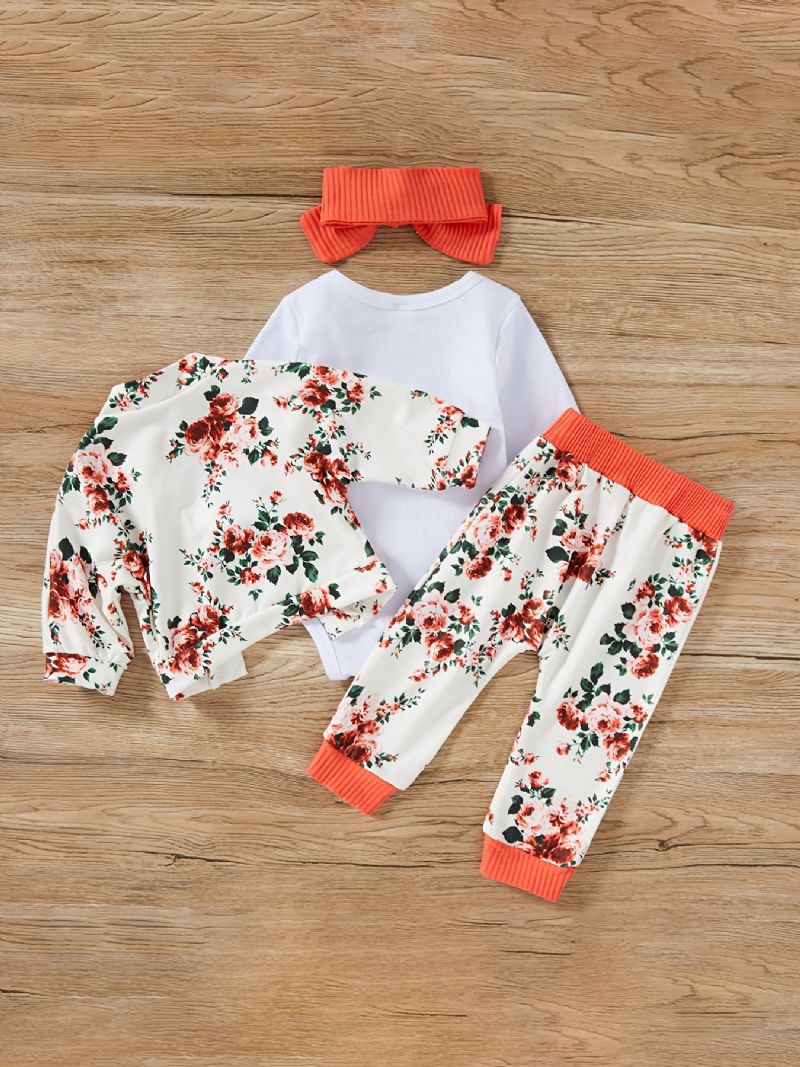 4 Stk Newborn Baby Jenter Brevtrykk Langermet Romper & Ditsy Floral Bukser & Pannebånd & Cardigan Coat Barneklær Sett