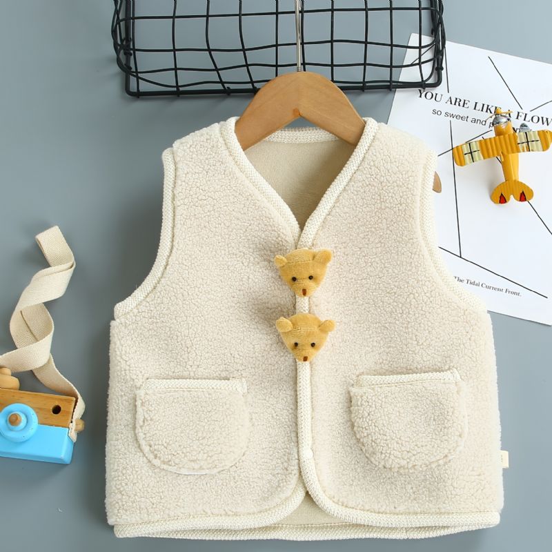 Baby Jenter Pocket Fleece Varm Cardigan Vest Teddy Bear Dekor Barneklær