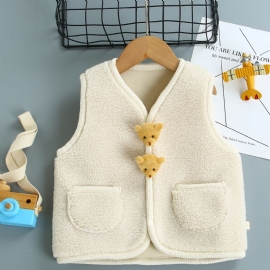 Baby Jenter Pocket Fleece Varm Cardigan Vest Teddy Bear Dekor Barneklær