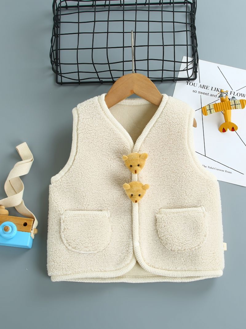 Baby Jenter Pocket Fleece Varm Cardigan Vest Teddy Bear Dekor Barneklær