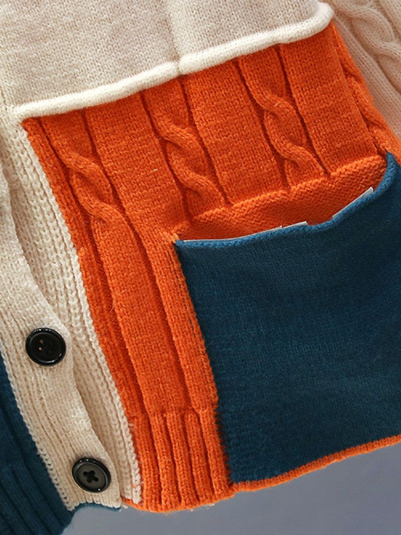 Jenter Colorblock Cardigan Med Kabelstrikket Mønster For Høst Og Vinter Nyhet