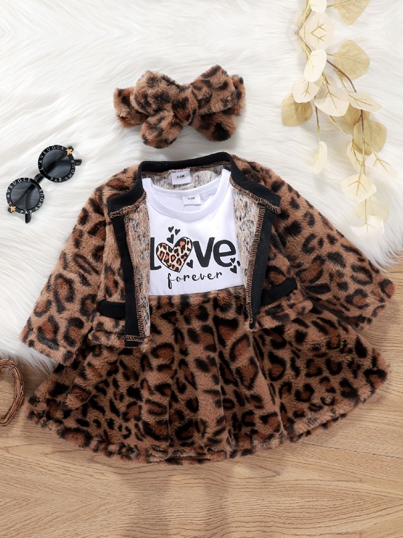 Kjole Med Leopardtrykk For Jenter + Cardigan + Pannebånd Antrekk Baby-barneklær