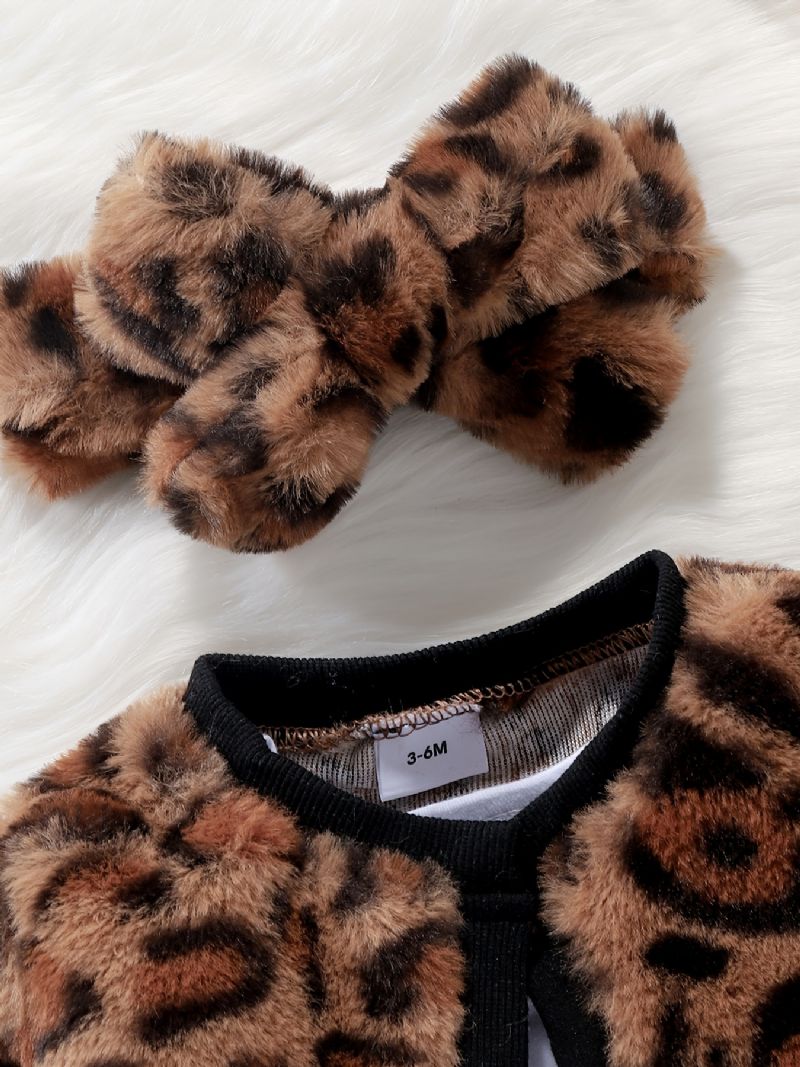 Kjole Med Leopardtrykk For Jenter + Cardigan + Pannebånd Antrekk Baby-barneklær