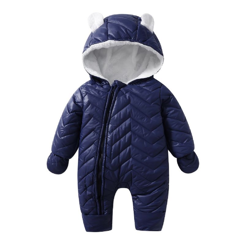 Spedbarn Solid Glidelås Romper Langermet Hette Jumpsuit Med Hansker Plysj Varm Snødress Vinter For Baby Gutter Jenter Barneklær