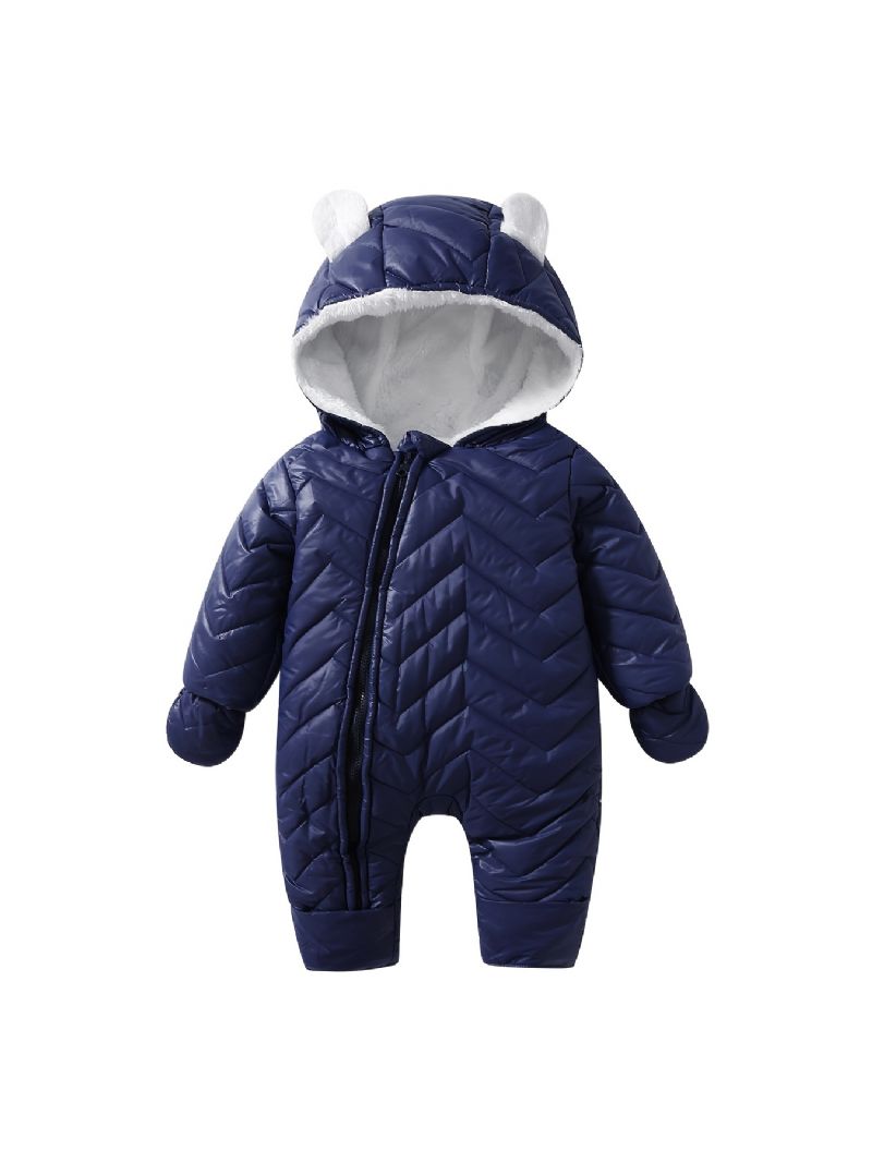 Spedbarn Solid Glidelås Romper Langermet Hette Jumpsuit Med Hansker Plysj Varm Snødress Vinter For Baby Gutter Jenter Barneklær