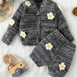 Unisex Baby Blomsterdesign Strikket Genser Cardigan + Matchende Buksesett Babyklær Til Vinteren