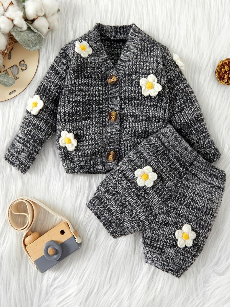 Unisex Baby Blomsterdesign Strikket Genser Cardigan + Matchende Buksesett Babyklær Til Vinteren