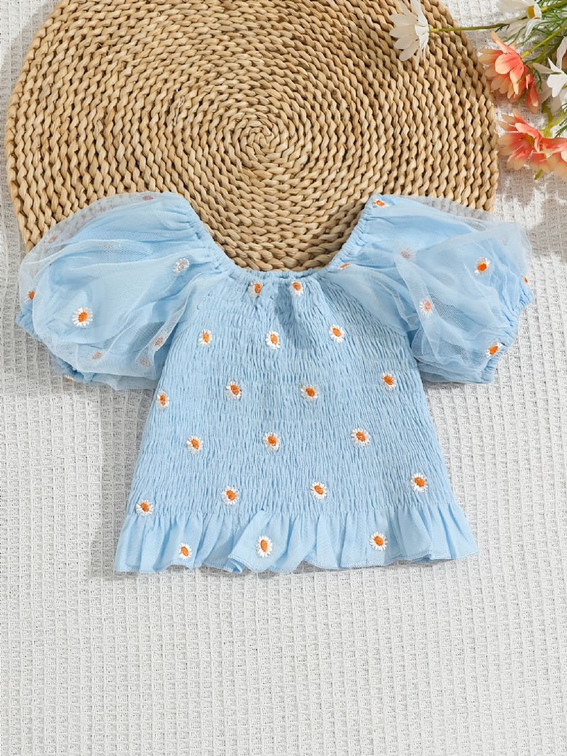 Baby Jenter Off Shoulder Skjøting Mesh Puff Sleeve Daisy Embroidery Crop Top Barneklær