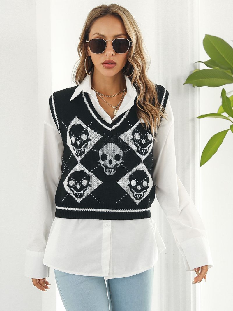 Damegensere Y2k Halloween Skull Jacquard Argyle Tankgenser Småbarn Jenter Western Hem Strikket Bluse