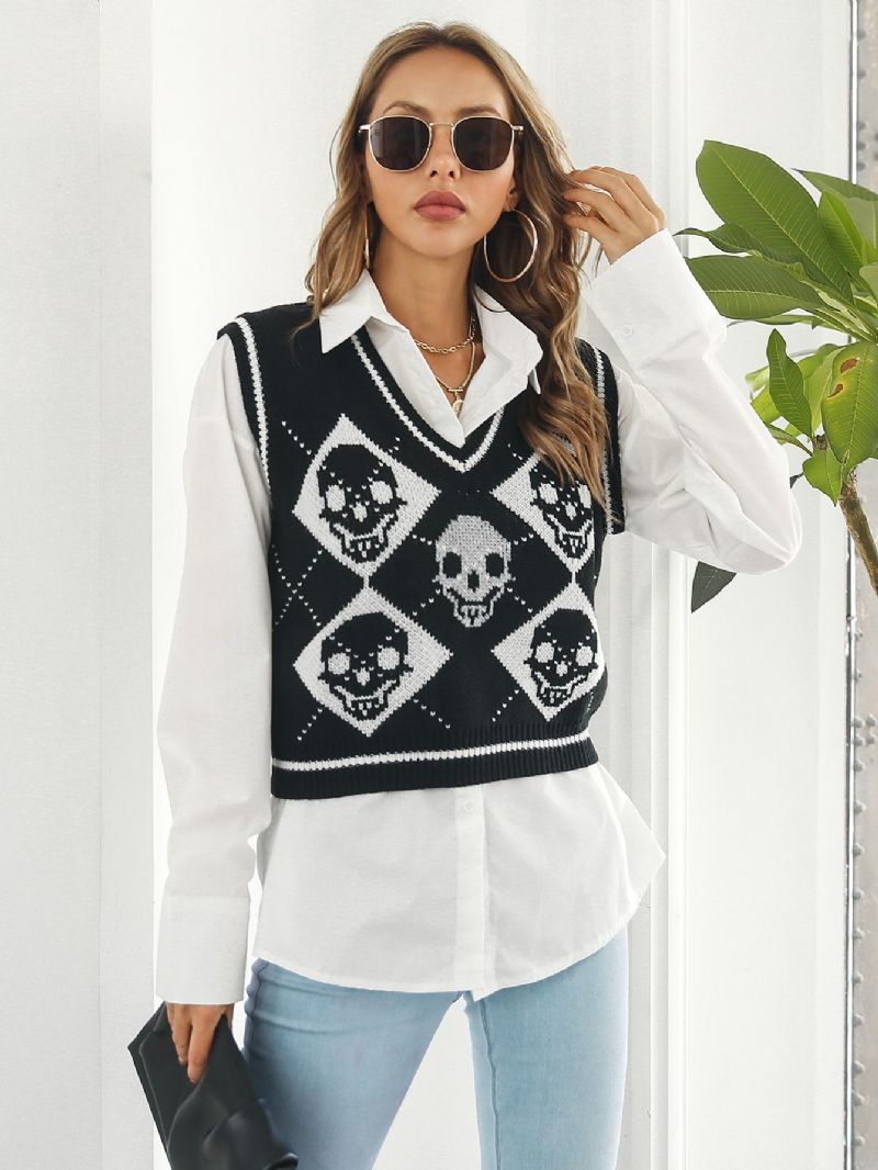 Damegensere Y2k Halloween Skull Jacquard Argyle Tankgenser Småbarn Jenter Western Hem Strikket Bluse